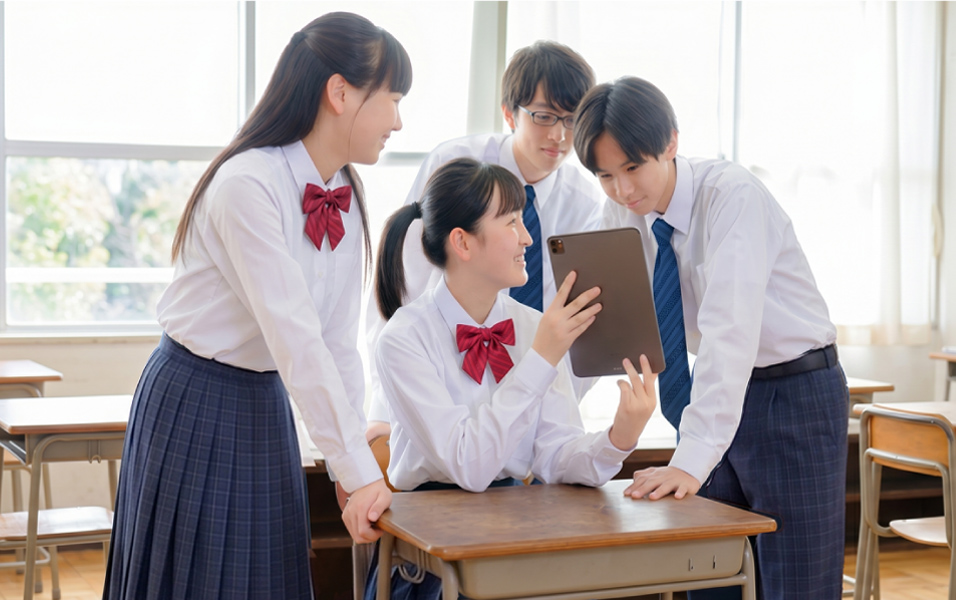タブレットを見ながら話す制服姿の学生たち